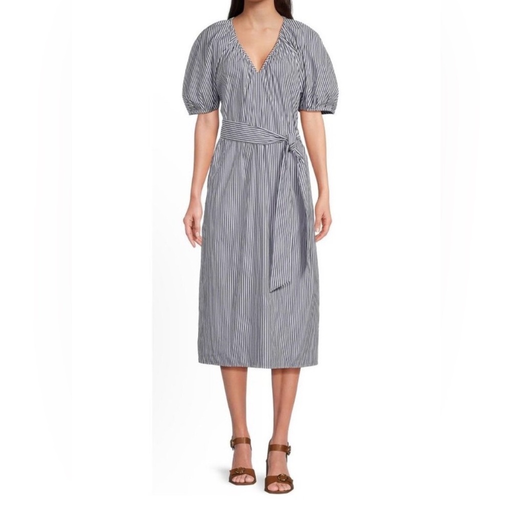 Alex Marie BRRR Womens Striped Puff Sleeve Midi‎ Belted Dress M Blue/White NWT